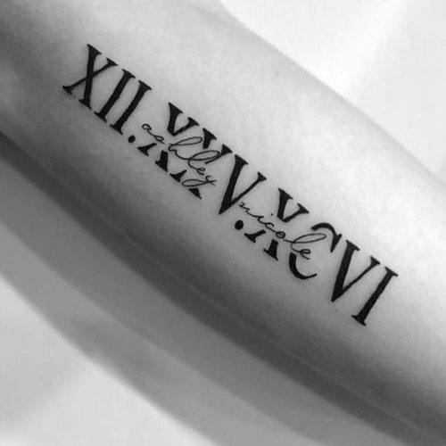 Roman Numerals and Babys Name tattoo for dad after pregnancy loss